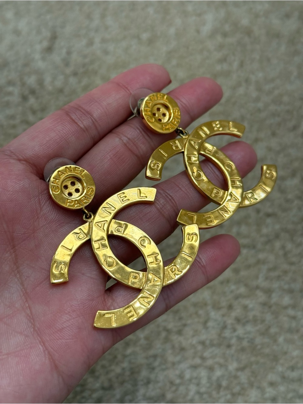 CHANEL Button Gold CC Logo Drop Earrings - Classic Gold Tone - Picture 4 of 15